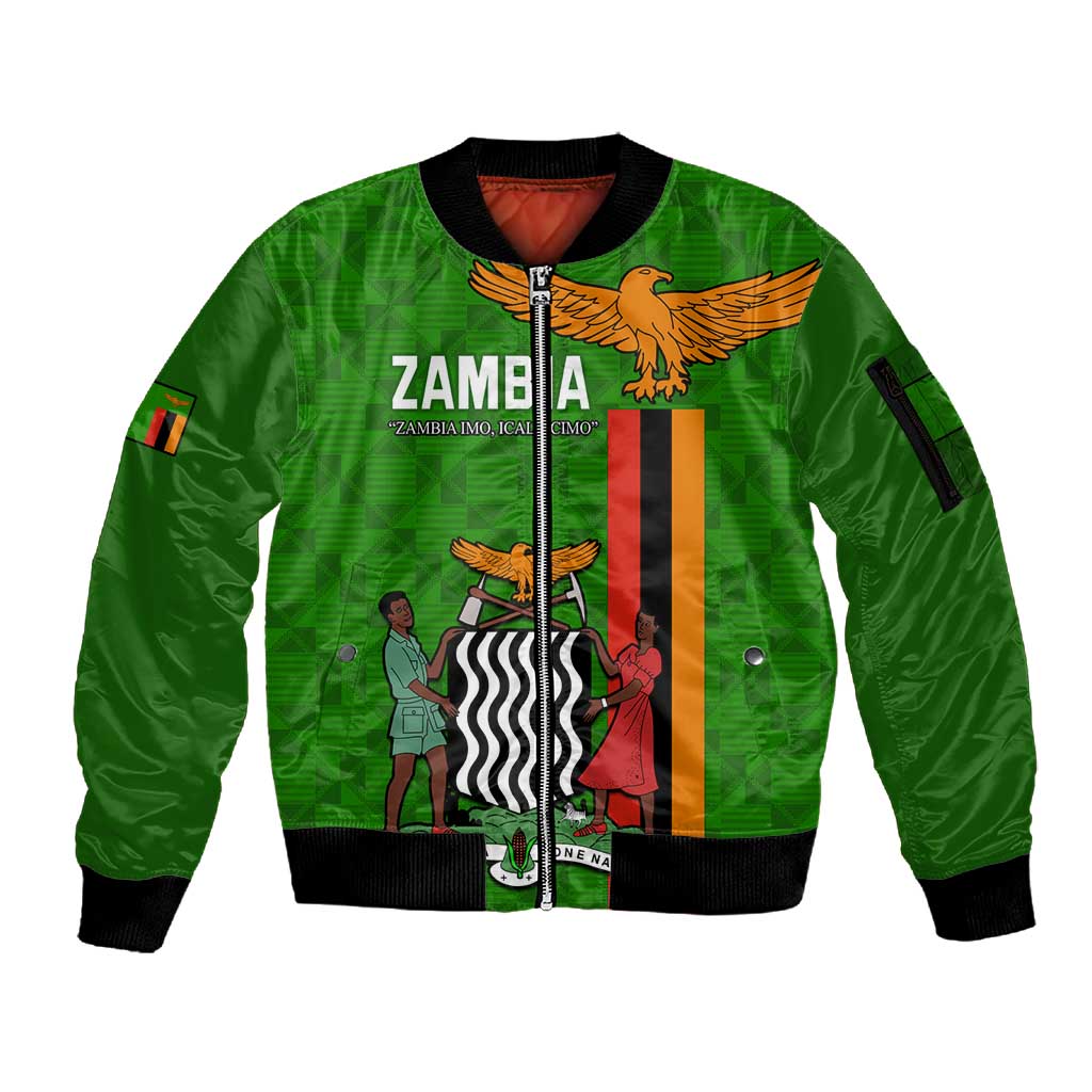 Personalised Zambia Independence Day Sleeve Zip Bomber Jacket Kente Pattern