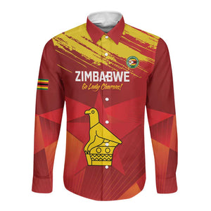 Custom Zimbabwe Cricket Long Sleeve Button Shirt Go Lady Chevrons Grunge Style