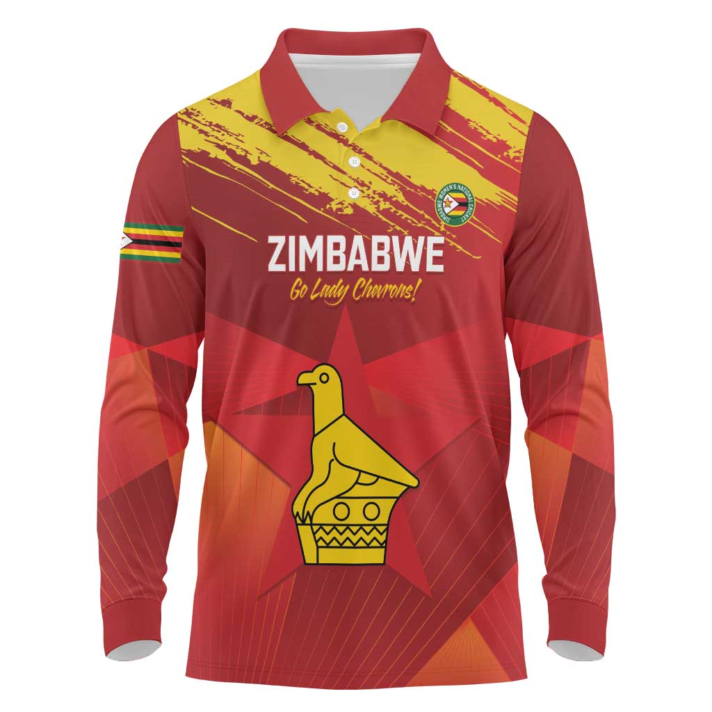 Custom Zimbabwe Cricket Long Sleeve Polo Shirt Go Lady Chevrons Grunge Style