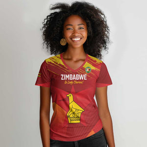 Custom Zimbabwe Cricket Women V-Neck T-Shirt Go Lady Chevrons Grunge Style