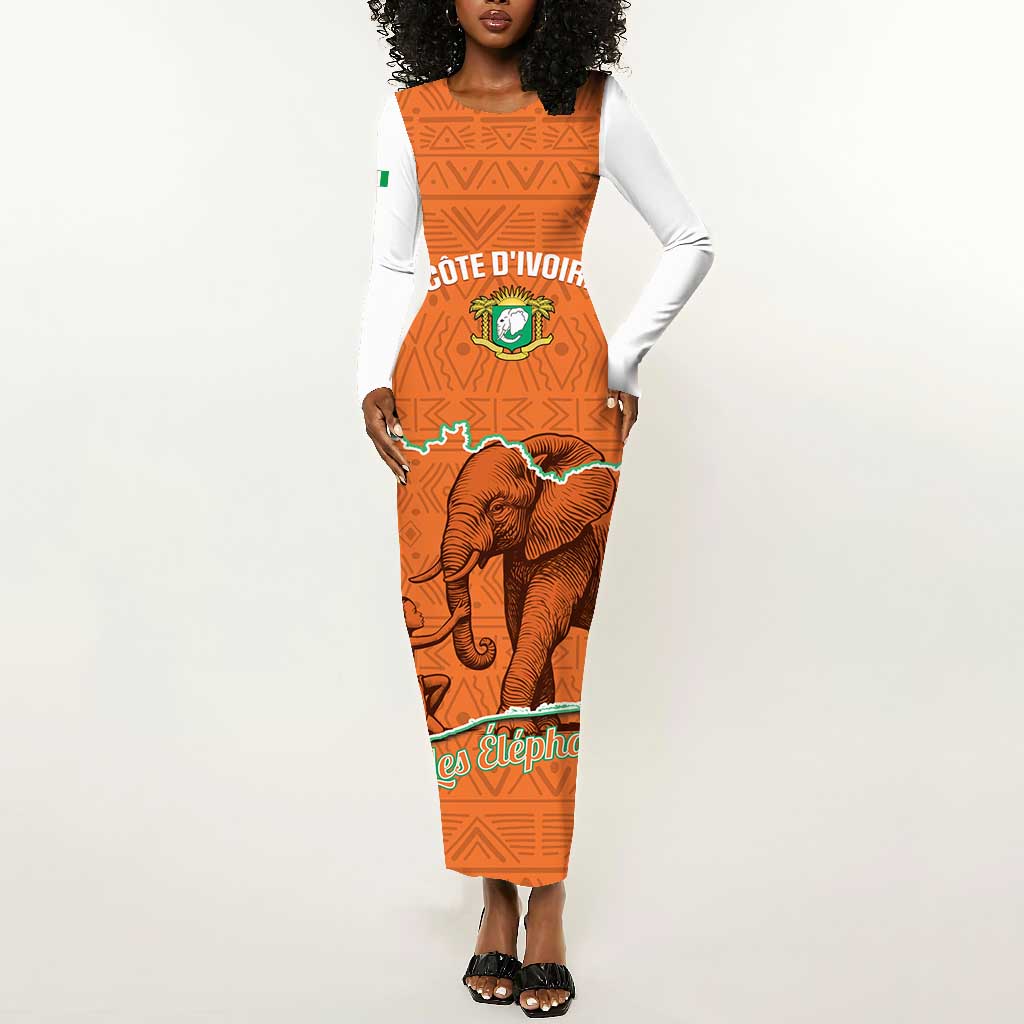 Custom Ivory Coast Football Long Sleeve Bodycon Dress 2026 Cote d'Ivoire Les Elephants Orange Version - African Pride