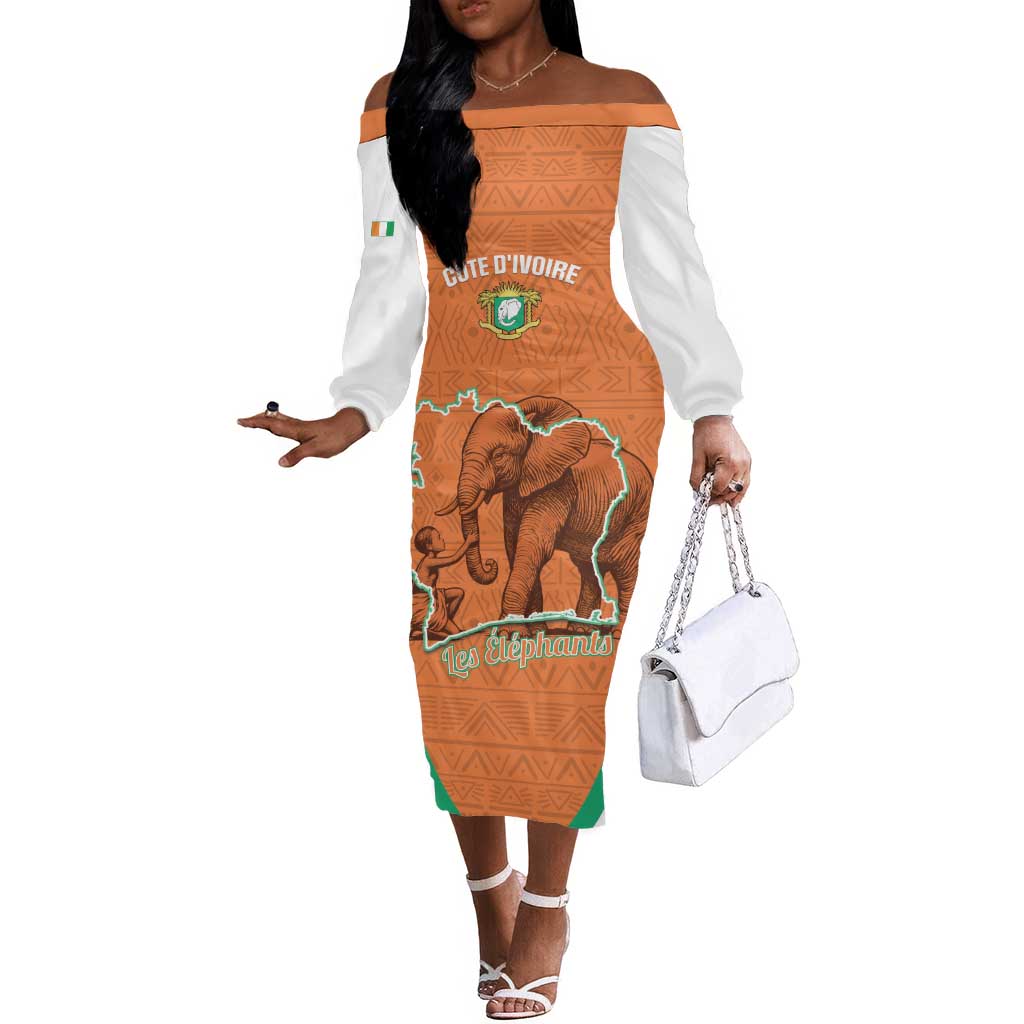 Custom Ivory Coast Football Off The Shoulder Long Sleeve Dress 2026 Cote d'Ivoire Les Elephants Orange Version - African Pride
