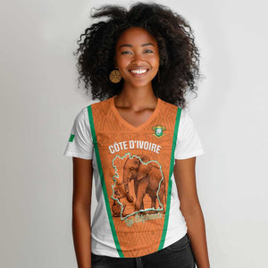 Custom Ivory Coast Football Women V-Neck T-Shirt 2026 Cote d'Ivoire Les Elephants Orange Version LT14
