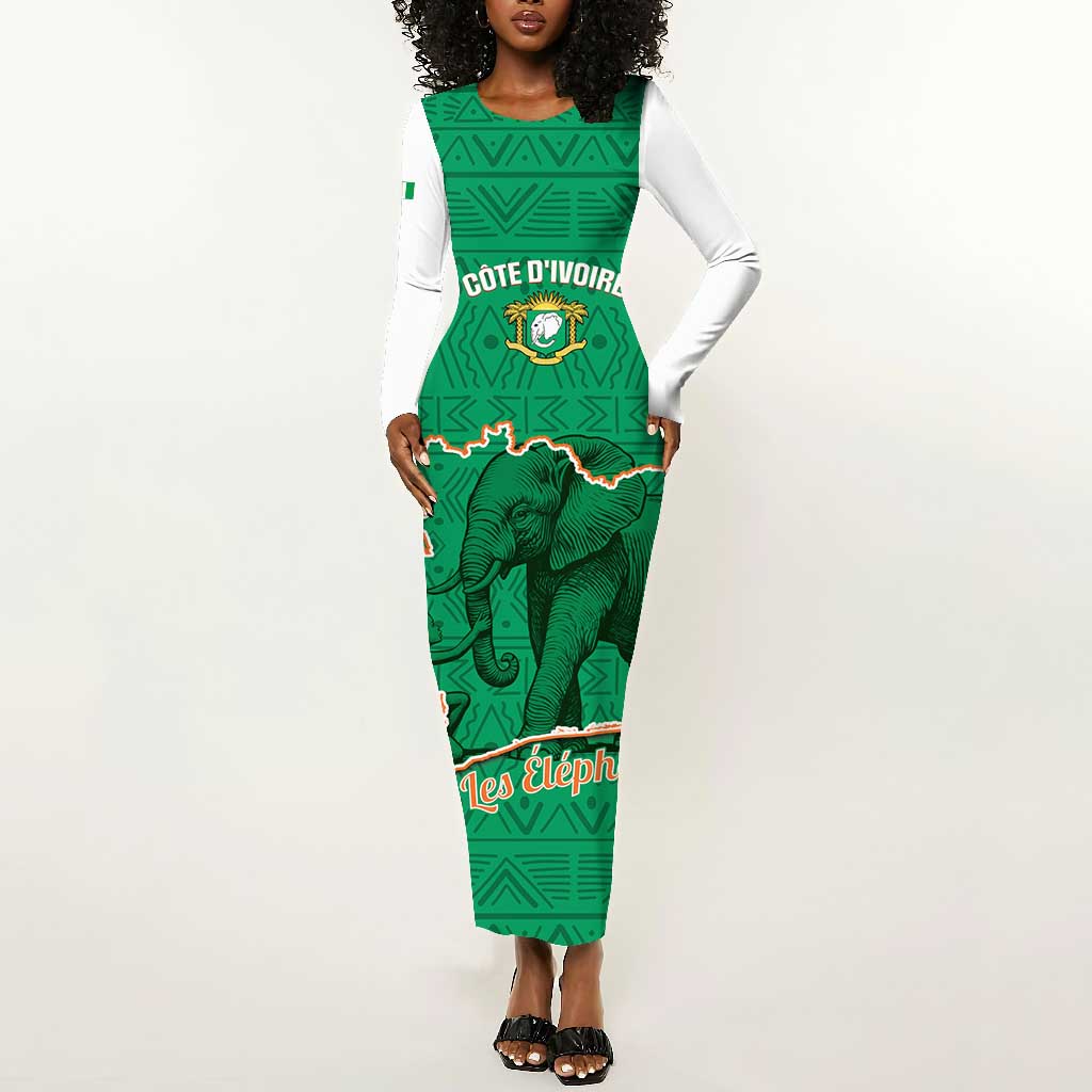 Custom Ivory Coast Football Long Sleeve Bodycon Dress 2026 Cote d'Ivoire Les Elephants Green Version - African Pride