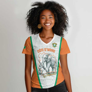 Custom Ivory Coast Football Women V-Neck T-Shirt 2026 Cote d'Ivoire Les Elephants White Version LT14