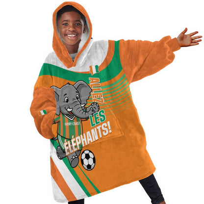 Custom Ivory Coast Football Kid Wearable Blanket Hoodie 2026 Allez Les Elephants Cute Mascot - African Pride