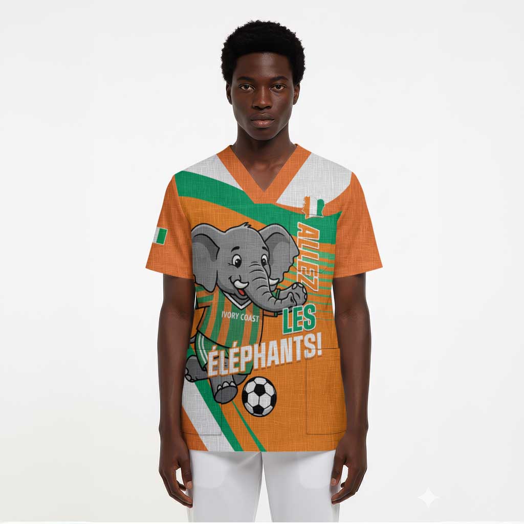 Custom Ivory Coast Football Scrub Top 2026 Allez Les Elephants Cute Mascot - African Pride