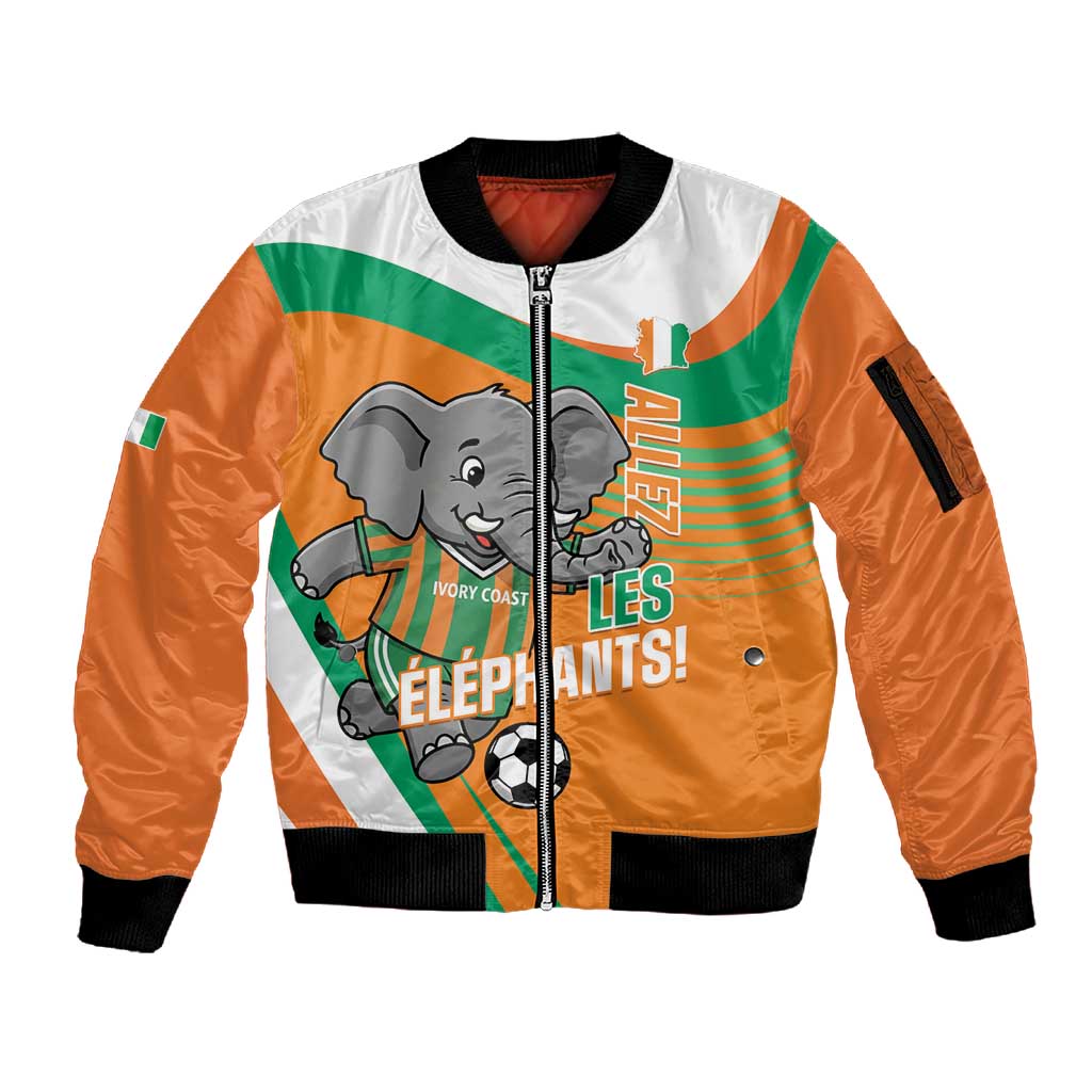 Custom Ivory Coast Football Sleeve Zip Bomber Jacket 2026 Allez Les Elephants Cute Mascot - African Pride
