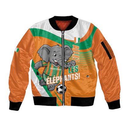 Custom Ivory Coast Football Sleeve Zip Bomber Jacket 2026 Allez Les Elephants Cute Mascot - African Pride