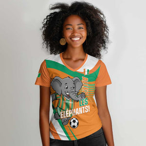 Custom Ivory Coast Football Women V-Neck T-Shirt 2026 Allez Les Elephants Cute Mascot LT14