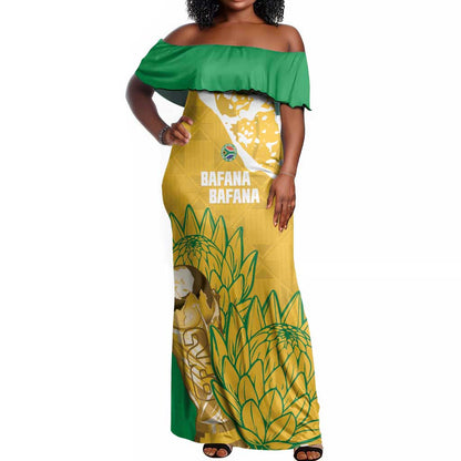 Custom South Africa Soccer Off Shoulder Maxi Dress 2026 Bafana Bafana Go Boys Protea - African Pride