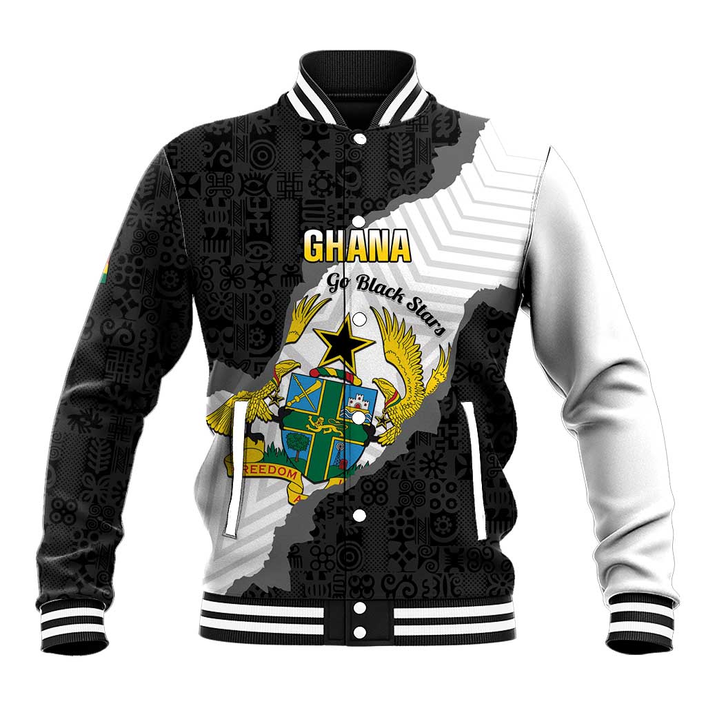 Custom Ghana Football Baseball Jacket 2026 Go Black Stars Black Adinkra Pattern - African Pride