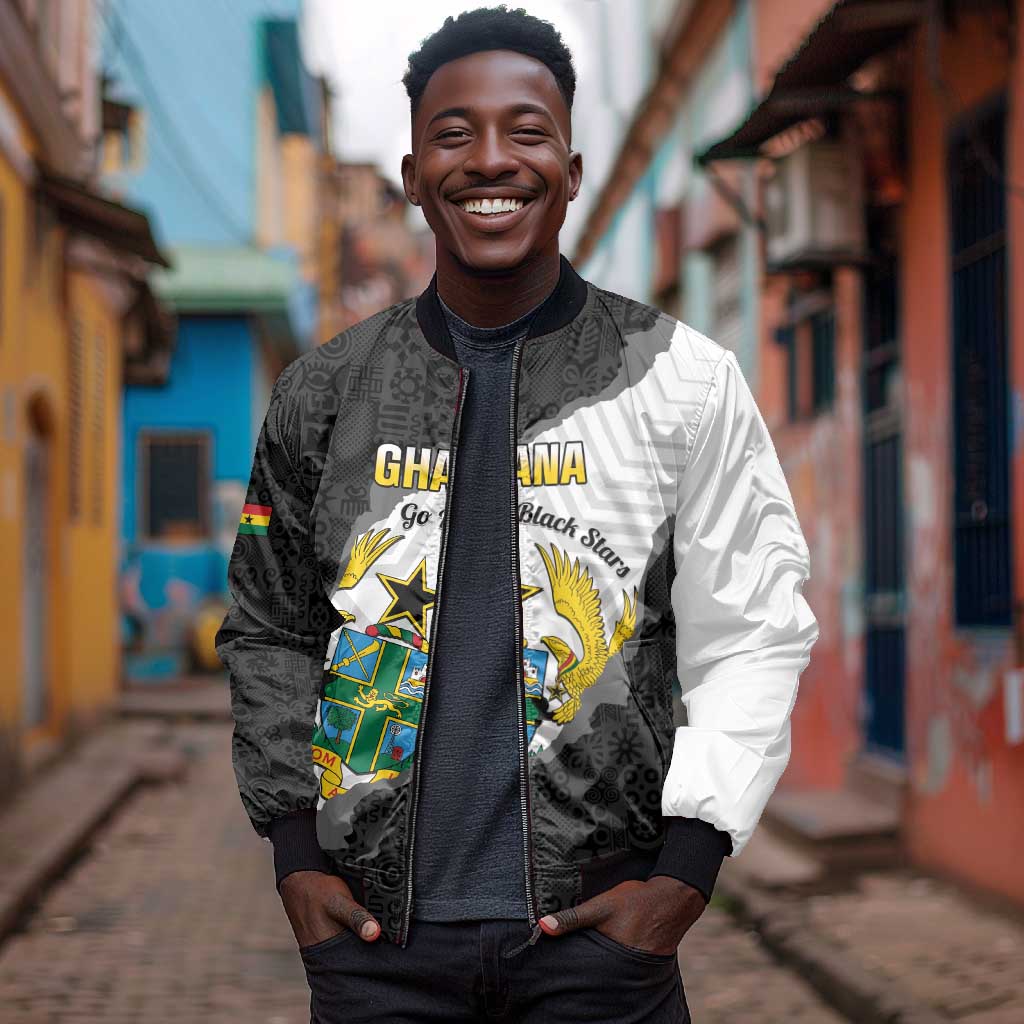 Custom Ghana Football Bomber Jacket 2026 Go Black Stars Black Adinkra Pattern - African Pride