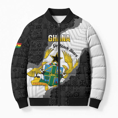 Custom Ghana Football Bomber Puffer Jacket 2026 Go Black Stars Black Adinkra Pattern - African Pride