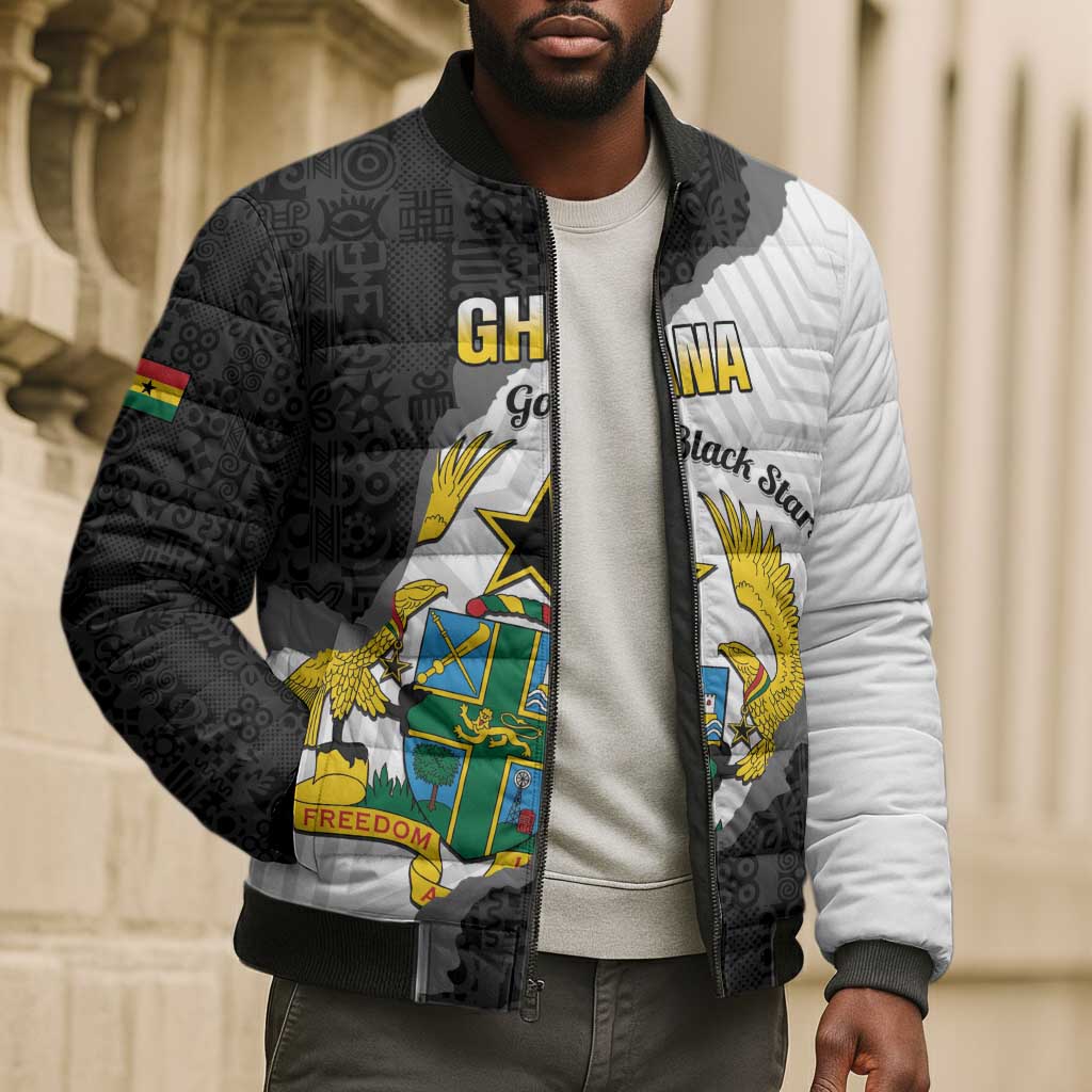 Custom Ghana Football Bomber Puffer Jacket 2026 Go Black Stars Black Adinkra Pattern - African Pride