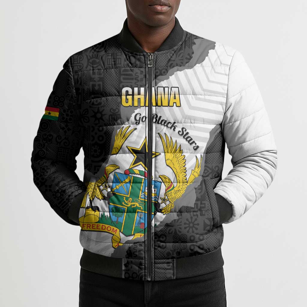 Custom Ghana Football Bomber Puffer Jacket 2026 Go Black Stars Black Adinkra Pattern - African Pride