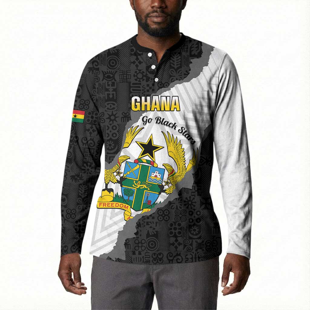 Custom Ghana Football Button Sweatshirt 2026 Go Black Stars Black Adinkra Pattern
