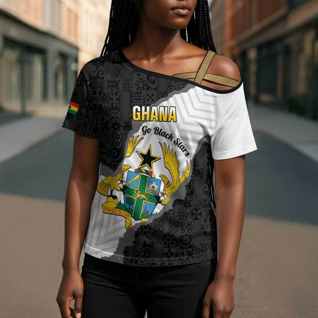 Custom Ghana Football Cross Shoulder Shirt 2026 Go Black Stars Black Adinkra Pattern - African Pride