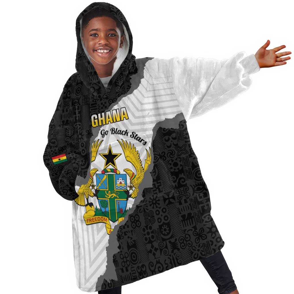 Custom Ghana Football Kid Wearable Blanket Hoodie 2026 Go Black Stars Black Adinkra Pattern - African Pride