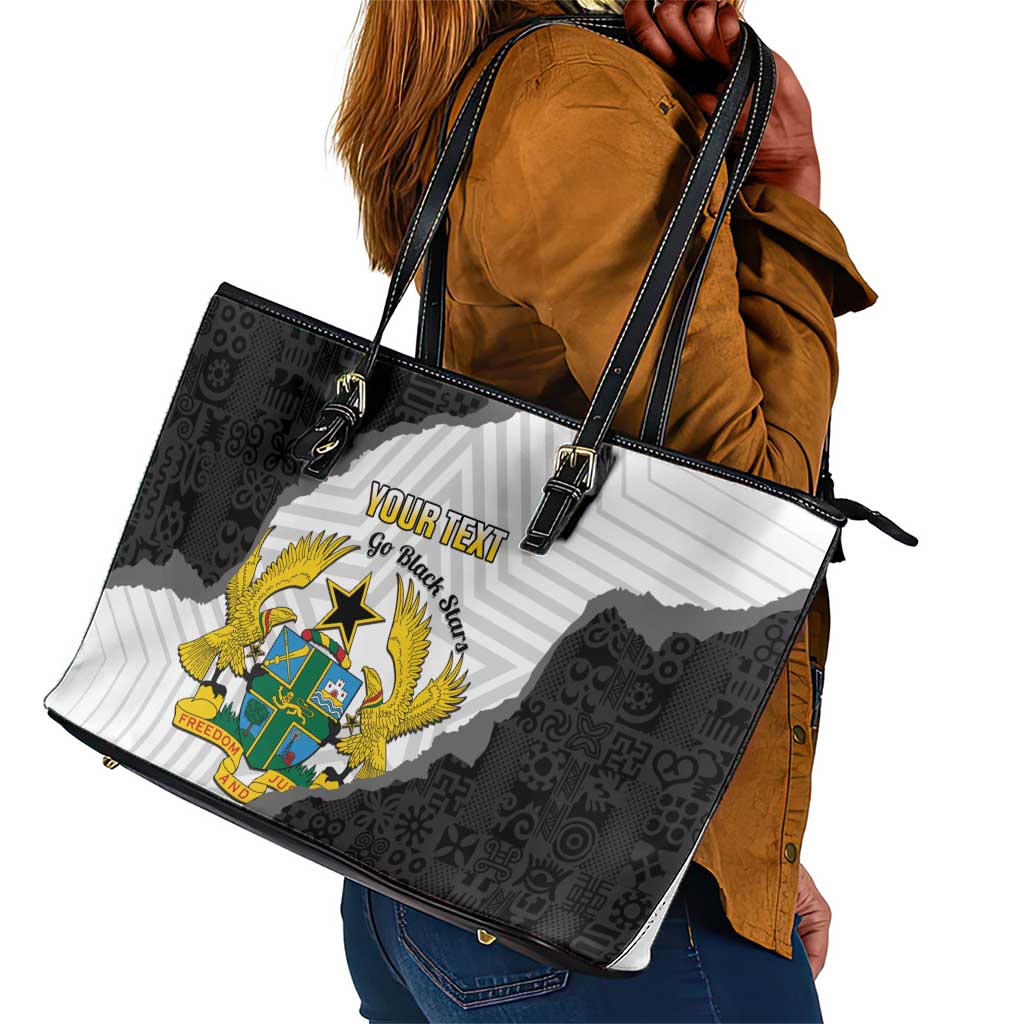 Custom Ghana Football Leather Tote Bag 2026 Go Black Stars Black Adinkra Pattern - African Pride
