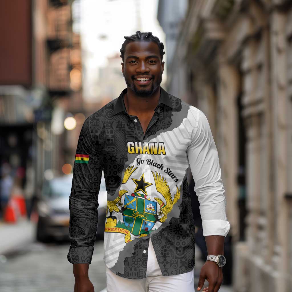 Custom Ghana Football Long Sleeve Button Shirt 2026 Go Black Stars Black Adinkra Pattern - African Pride