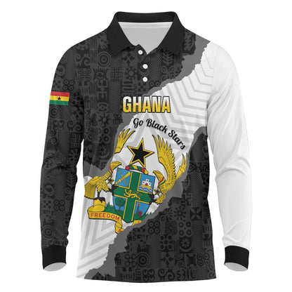 Custom Ghana Football Long Sleeve Polo Shirt 2026 Go Black Stars Black Adinkra Pattern - African Pride