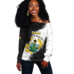 Custom Ghana Football Off Shoulder Sweater 2026 Go Black Stars Black Adinkra Pattern - African Pride