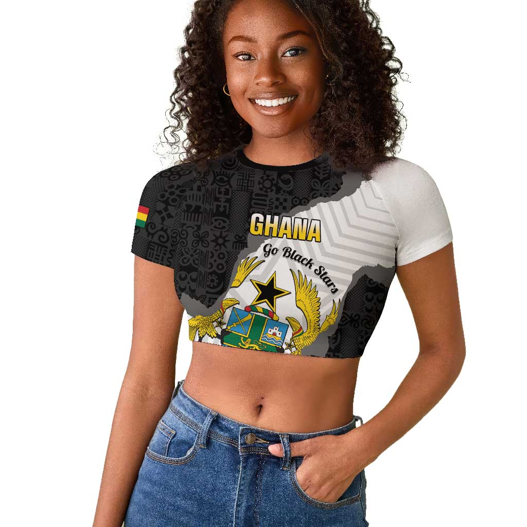 Custom Ghana Football Raglan Cropped T shirt 2026 Go Black Stars Black Adinkra Pattern LT14