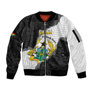 Custom Ghana Football Sleeve Zip Bomber Jacket 2026 Go Black Stars Black Adinkra Pattern - African Pride