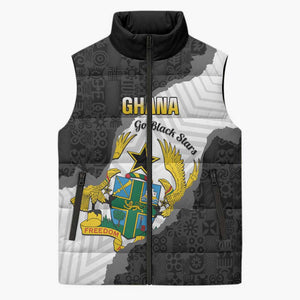 Custom Ghana Football Sleeveless Puffer Jacket 2026 Go Black Stars Black Adinkra Pattern - African Pride