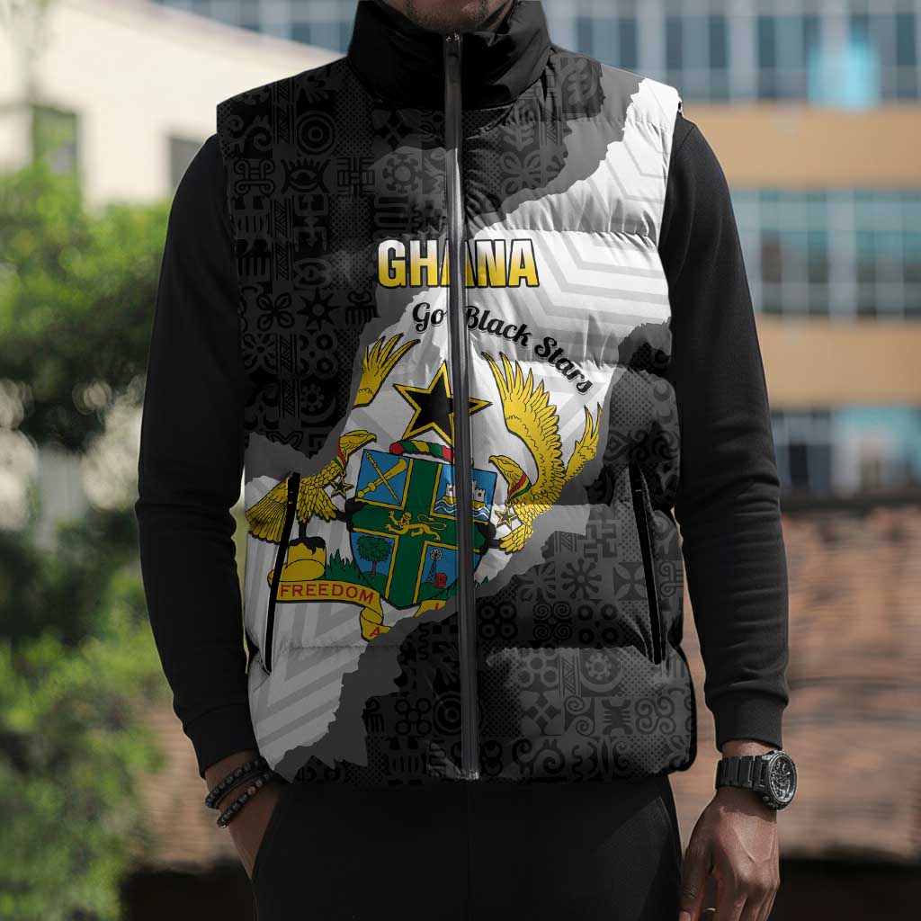 Custom Ghana Football Sleeveless Puffer Jacket 2026 Go Black Stars Black Adinkra Pattern - African Pride