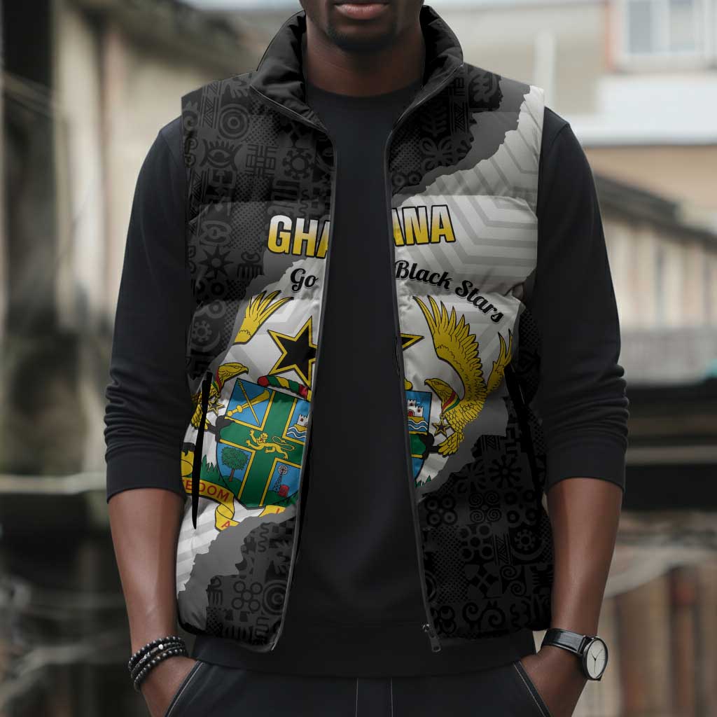 Custom Ghana Football Sleeveless Puffer Jacket 2026 Go Black Stars Black Adinkra Pattern - African Pride