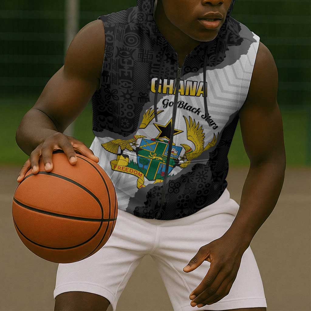 Custom Ghana Football Sleeveless Zip Hoodie 2026 Go Black Stars Black Adinkra Pattern - African Pride