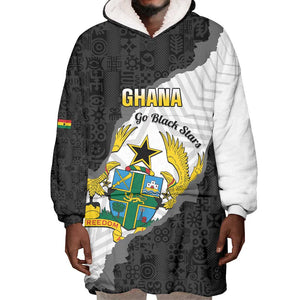 Custom Ghana Football Wearable Blanket Hoodie 2026 Go Black Stars Black Adinkra Pattern - African Pride