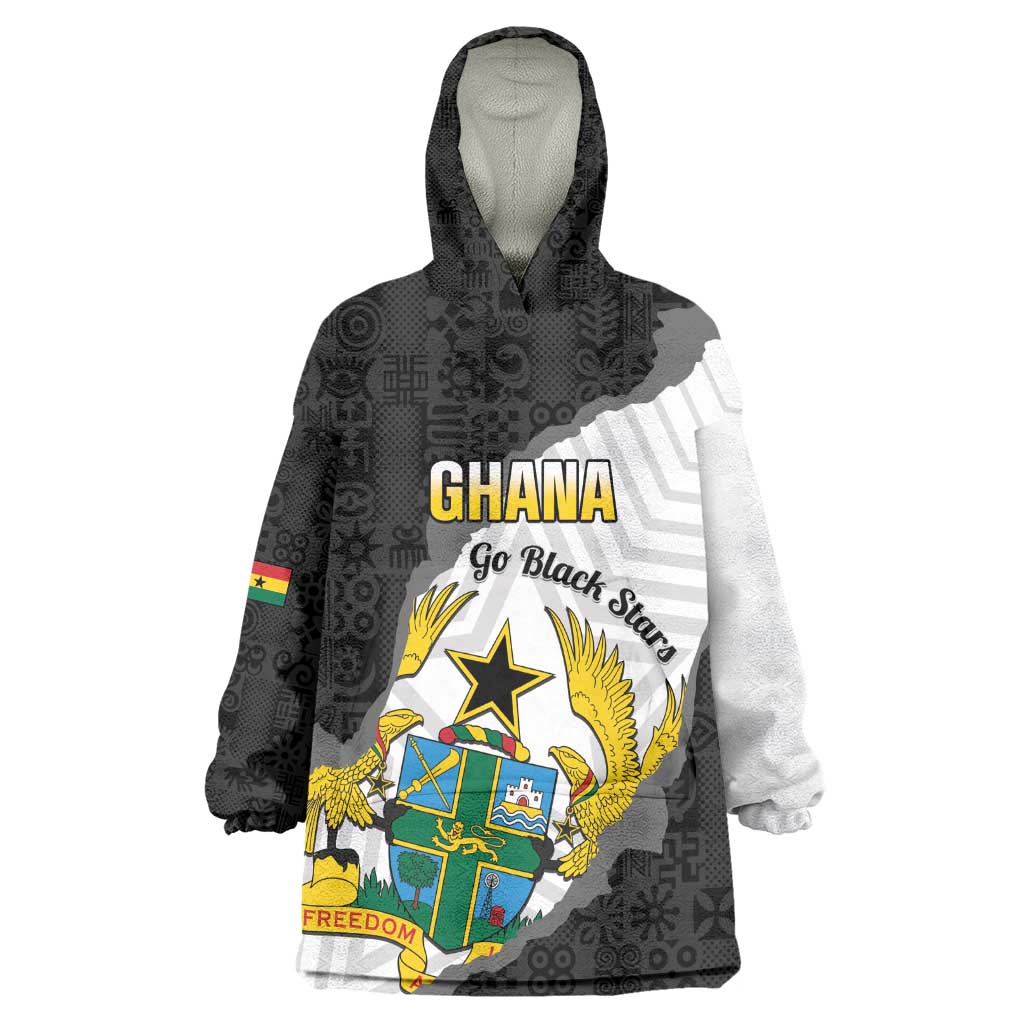 Custom Ghana Football Wearable Blanket Hoodie 2026 Go Black Stars Black Adinkra Pattern - African Pride