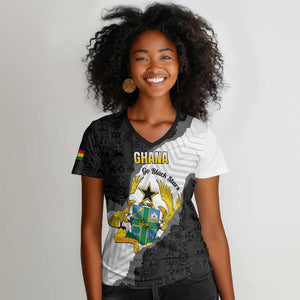 Custom Ghana Football Women V-Neck T-Shirt 2026 Go Black Stars Black Adinkra Pattern LT14