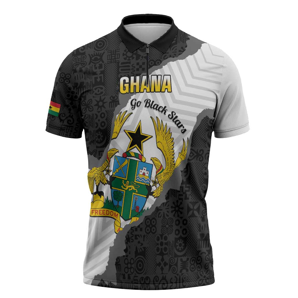 Custom Ghana Football Zipper Polo Shirt 2026 Go Black Stars Black Adinkra Pattern - African Pride