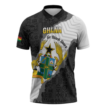 Custom Ghana Football Zipper Polo Shirt 2026 Go Black Stars Black Adinkra Pattern - African Pride