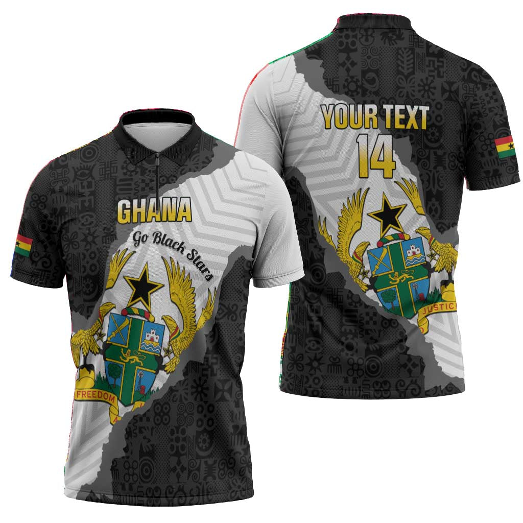 Custom Ghana Football Zipper Polo Shirt 2026 Go Black Stars Black Adinkra Pattern - African Pride