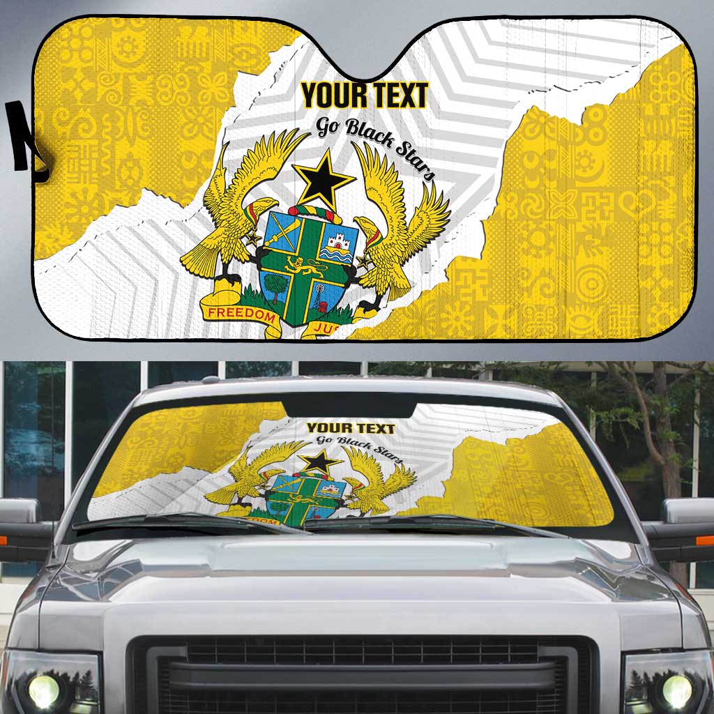 Custom Ghana Football Auto Sun Shade 2026 Go Black Stars Yellow Adinkra Pattern - African Pride