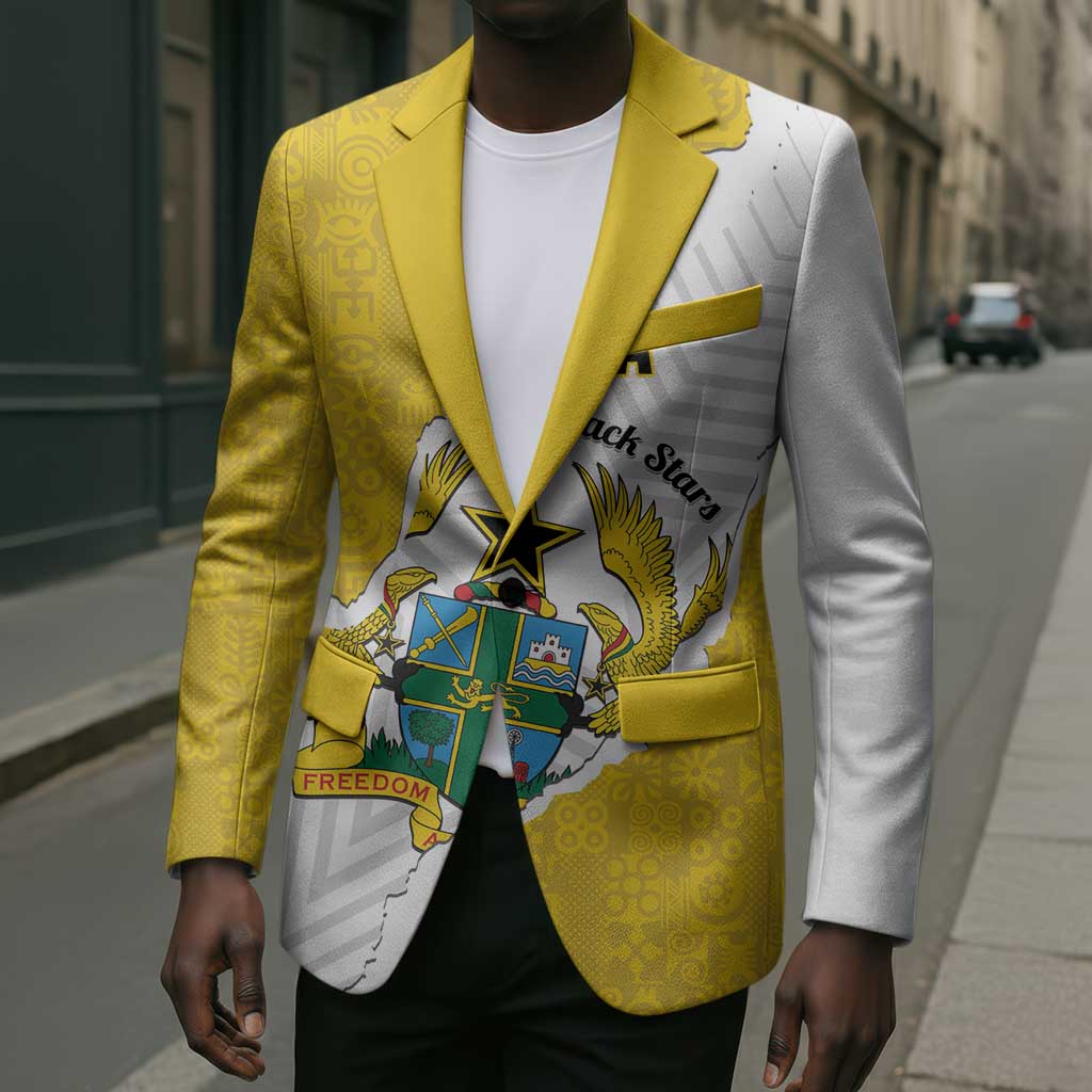 Custom Ghana Football Blazer 2026 Go Black Stars Yellow Adinkra Pattern - African Pride