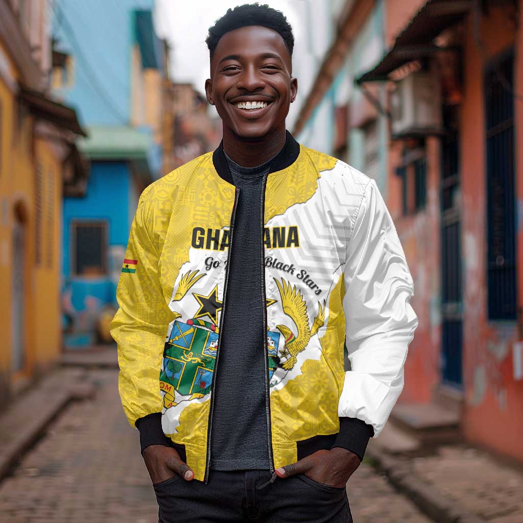 Custom Ghana Football Bomber Jacket 2026 Go Black Stars Yellow Adinkra Pattern - African Pride