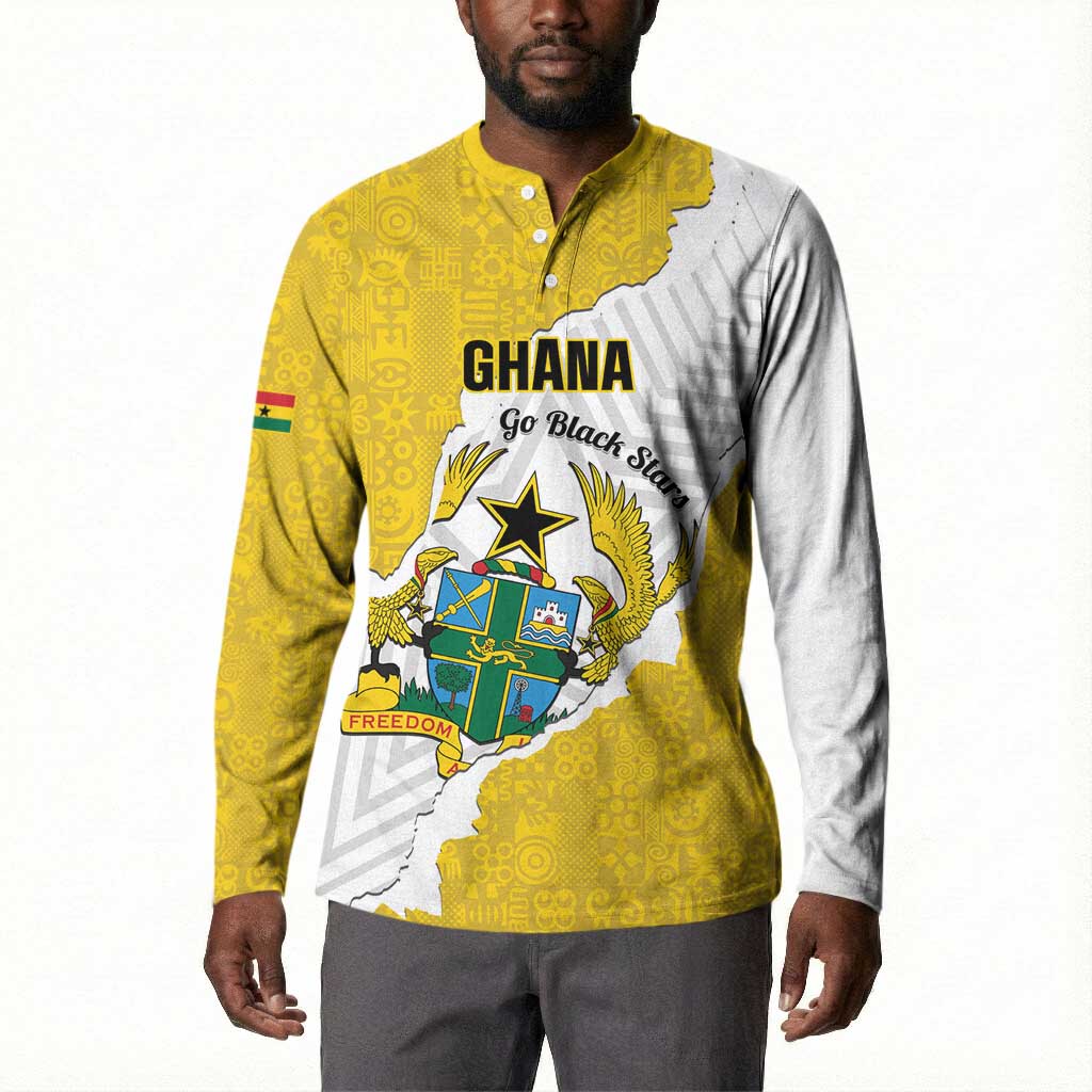 Custom Ghana Football Button Sweatshirt 2026 Go Black Stars Yellow Adinkra Pattern