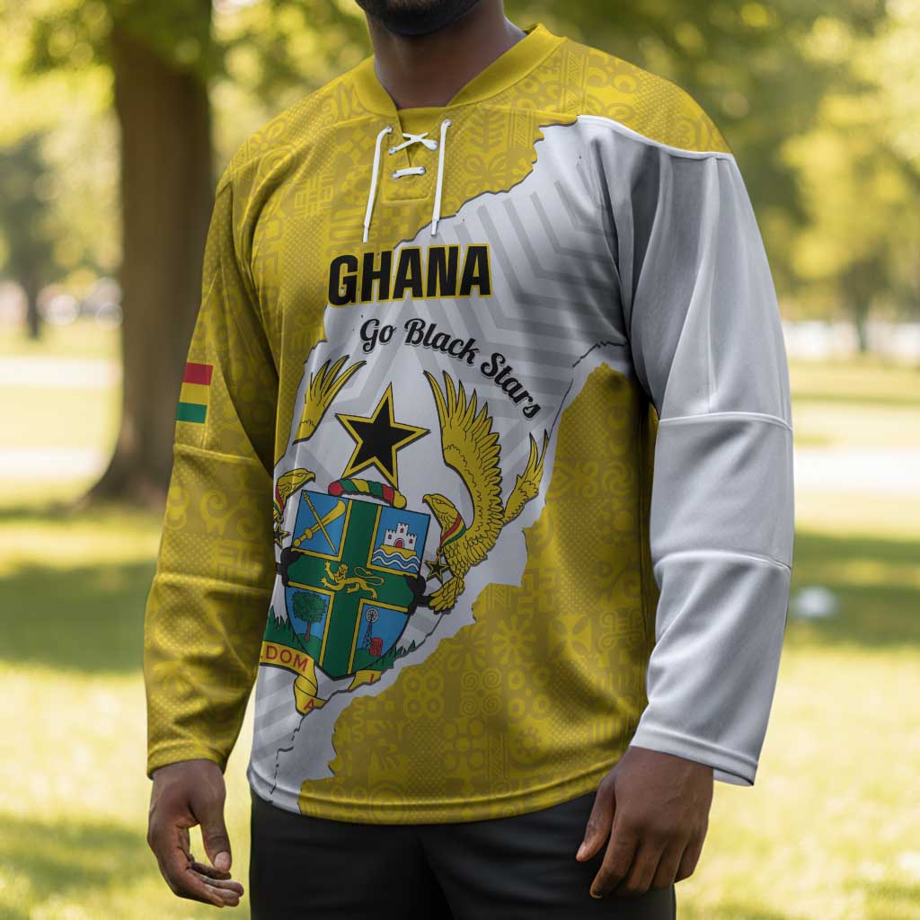 Custom Ghana Football Hockey Jersey 2026 Go Black Stars Yellow Adinkra Pattern - African Pride