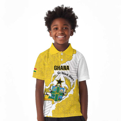 Custom Ghana Football Kid Polo Shirt 2026 Go Black Stars Yellow Adinkra Pattern LT14