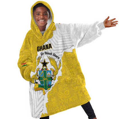 Custom Ghana Football Kid Wearable Blanket Hoodie 2026 Go Black Stars Yellow Adinkra Pattern - African Pride