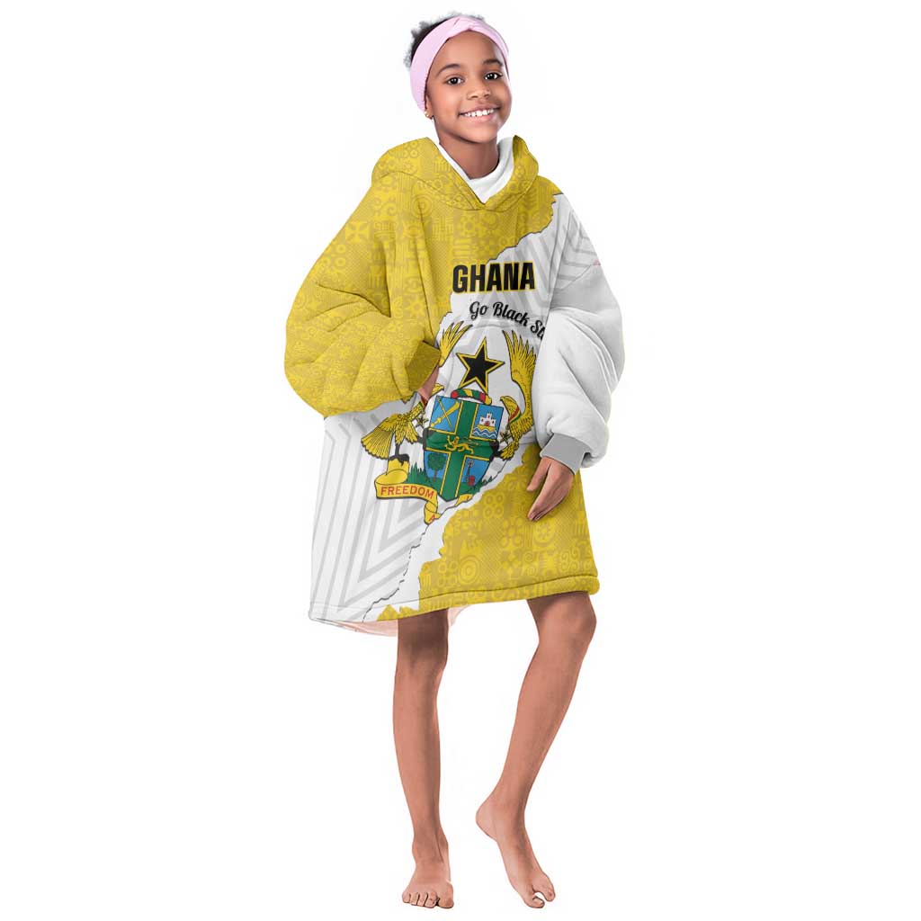 Custom Ghana Football Kid Wearable Blanket Hoodie 2026 Go Black Stars Yellow Adinkra Pattern - African Pride