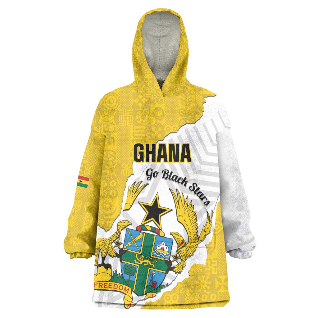 Custom Ghana Football Kid Wearable Blanket Hoodie 2026 Go Black Stars Yellow Adinkra Pattern - African Pride