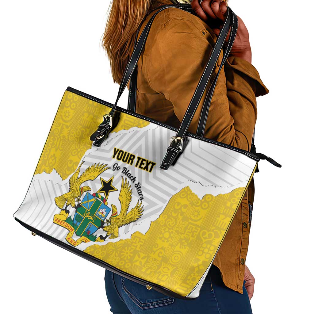 Custom Ghana Football Leather Tote Bag 2026 Go Black Stars Yellow Adinkra Pattern - African Pride