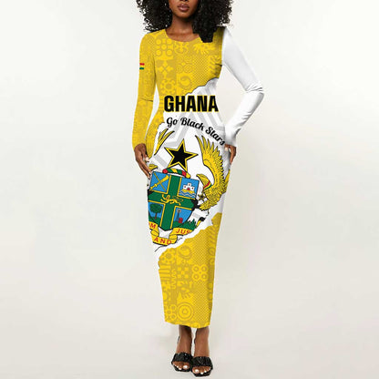 Custom Ghana Football Long Sleeve Bodycon Dress 2026 Go Black Stars Yellow Adinkra Pattern - African Pride